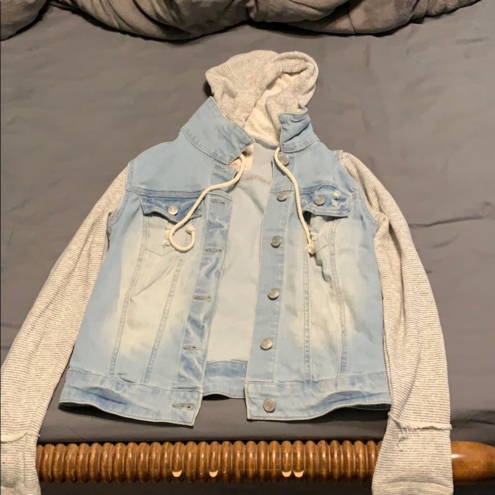 Ripped Jean Jacket with Sweatshirt Sleeves